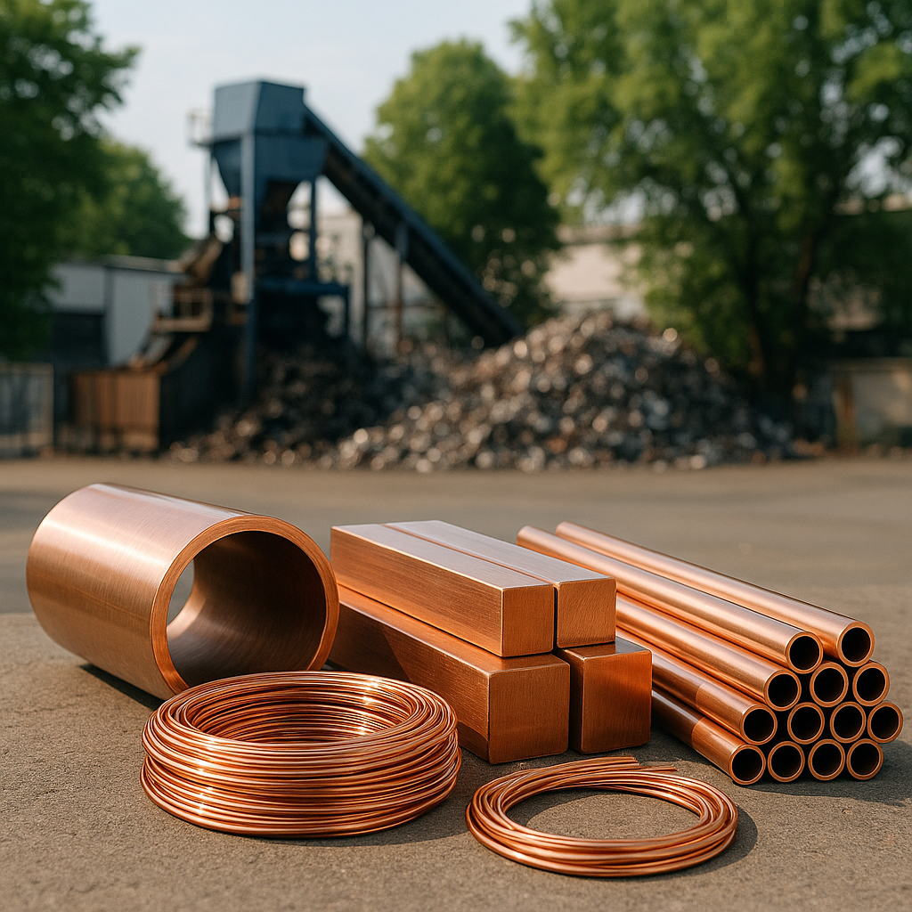 Copper Products and Sustainability Close-up of clean copper products ready for use, with a recycling plant and green trees in the background, symbolizing environmental benefits.