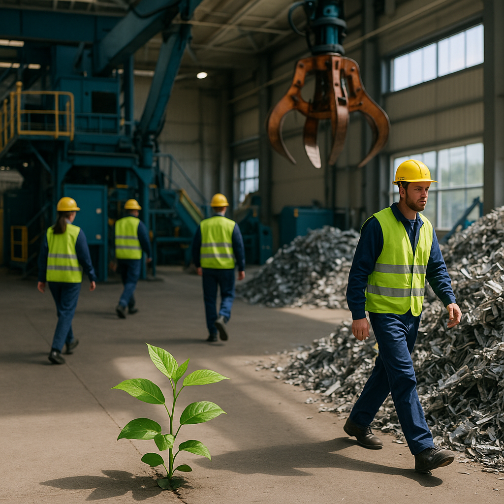 Clean Industrial Facility Clean industrial facility with reduced dust and safe workers, featuring clear air above metal scrap piles and a healthy green plant in the foreground.