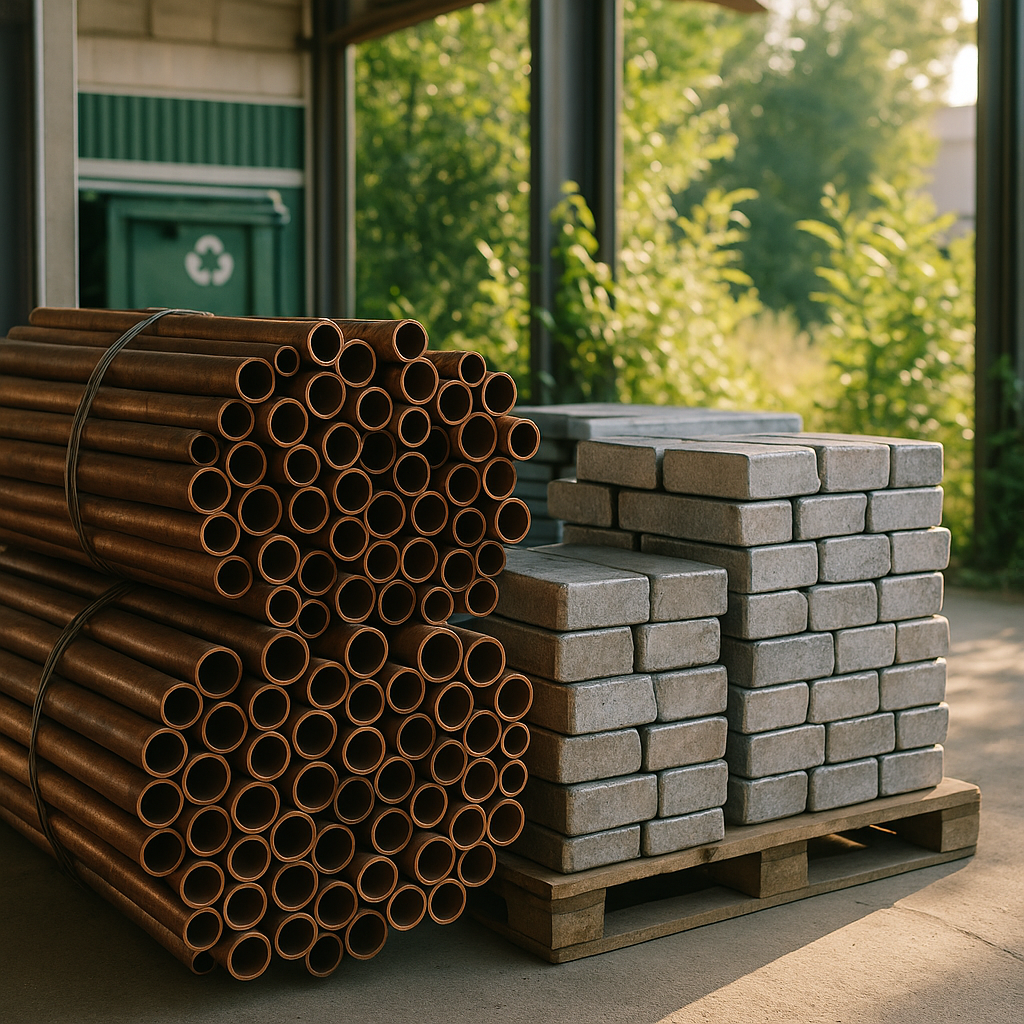 Clean Environment with Recycled Materials Clean environment featuring recycled copper pipes, metal ingots, and green plants, with sunlight streaming in.