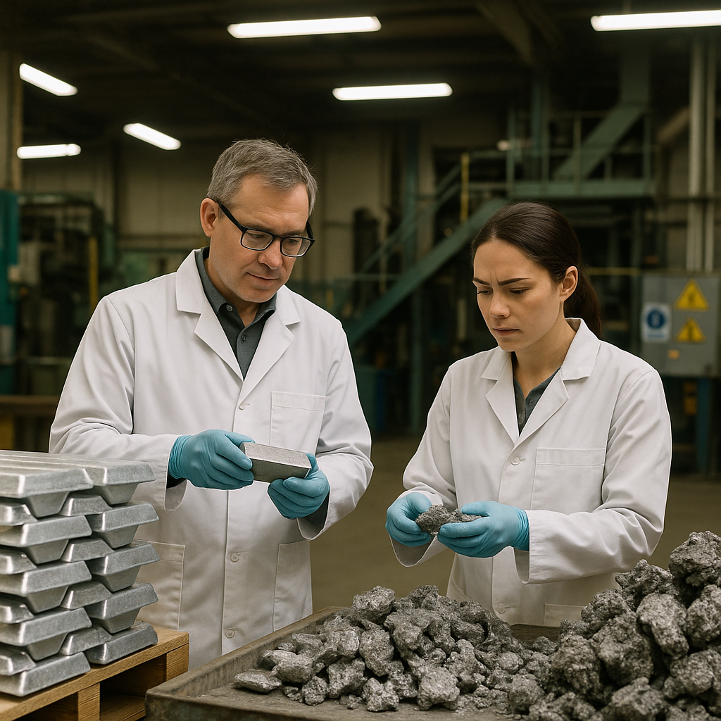 Side-by-side comparison of clean recycled aluminum ingots and a complex dross waste pile, with technicians inspecting materials in a recycling plant.