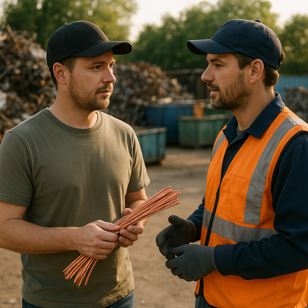 Customer and Scrap Yard Worker at Recycling Center Customer holding cleaned copper wire talking to scrap yard worker at an outdoor recycling center with piles of metal in the background.