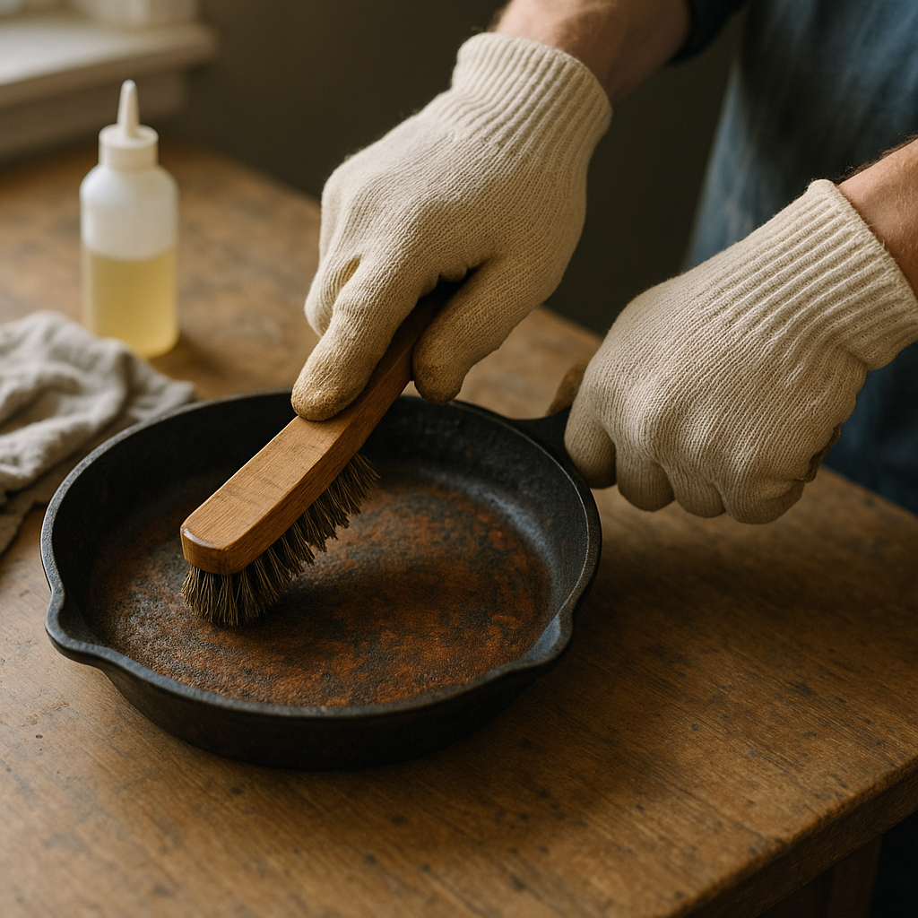 Close-up of hands cleaning rust off an old cast iron pan, preparing it for recycling with a kitchen table background.