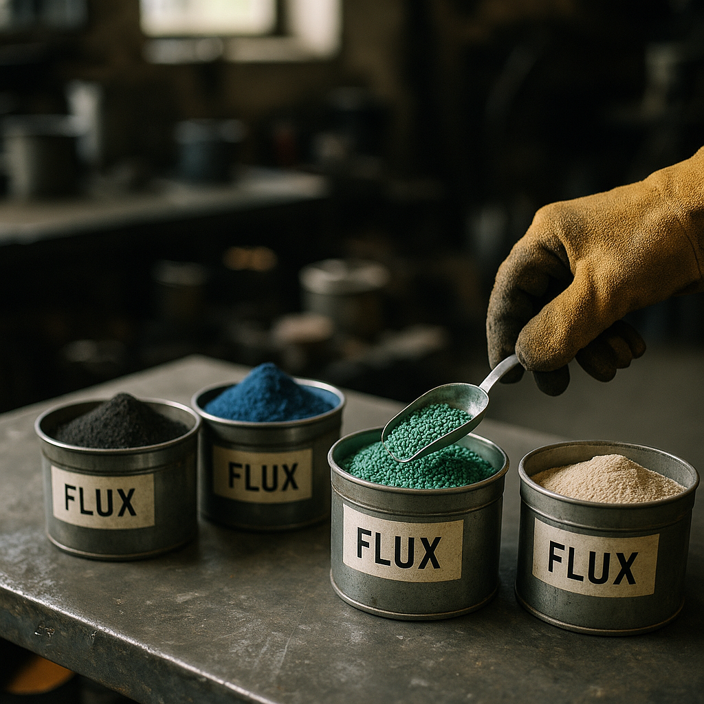 Containers of Metal Flux Powders in Foundry A close-up of various labeled containers filled with colorful metal flux powders and granules on a steel workbench, with a gloved hand holding a small scoop.