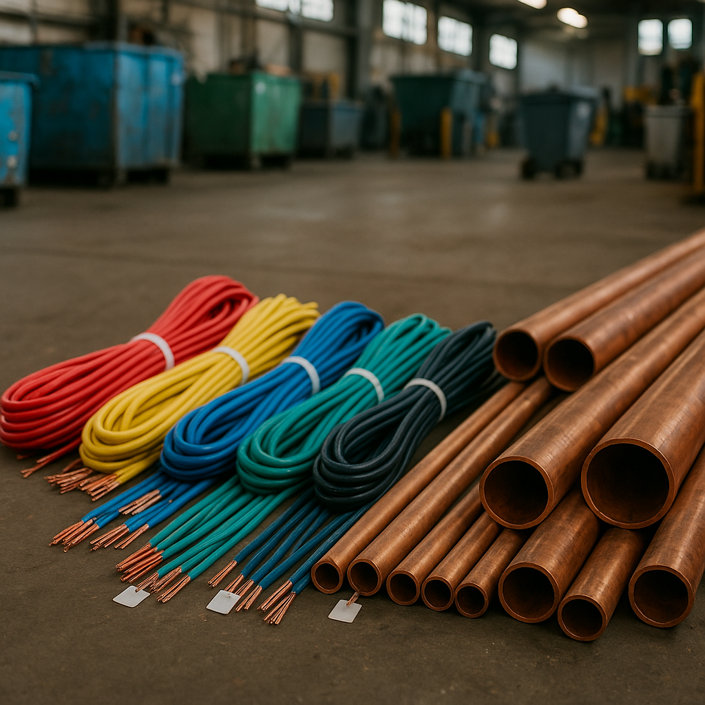A variety of colorful insulated copper wires beside cut copper pipes, scattered on an industrial floor, labeled for sorting.