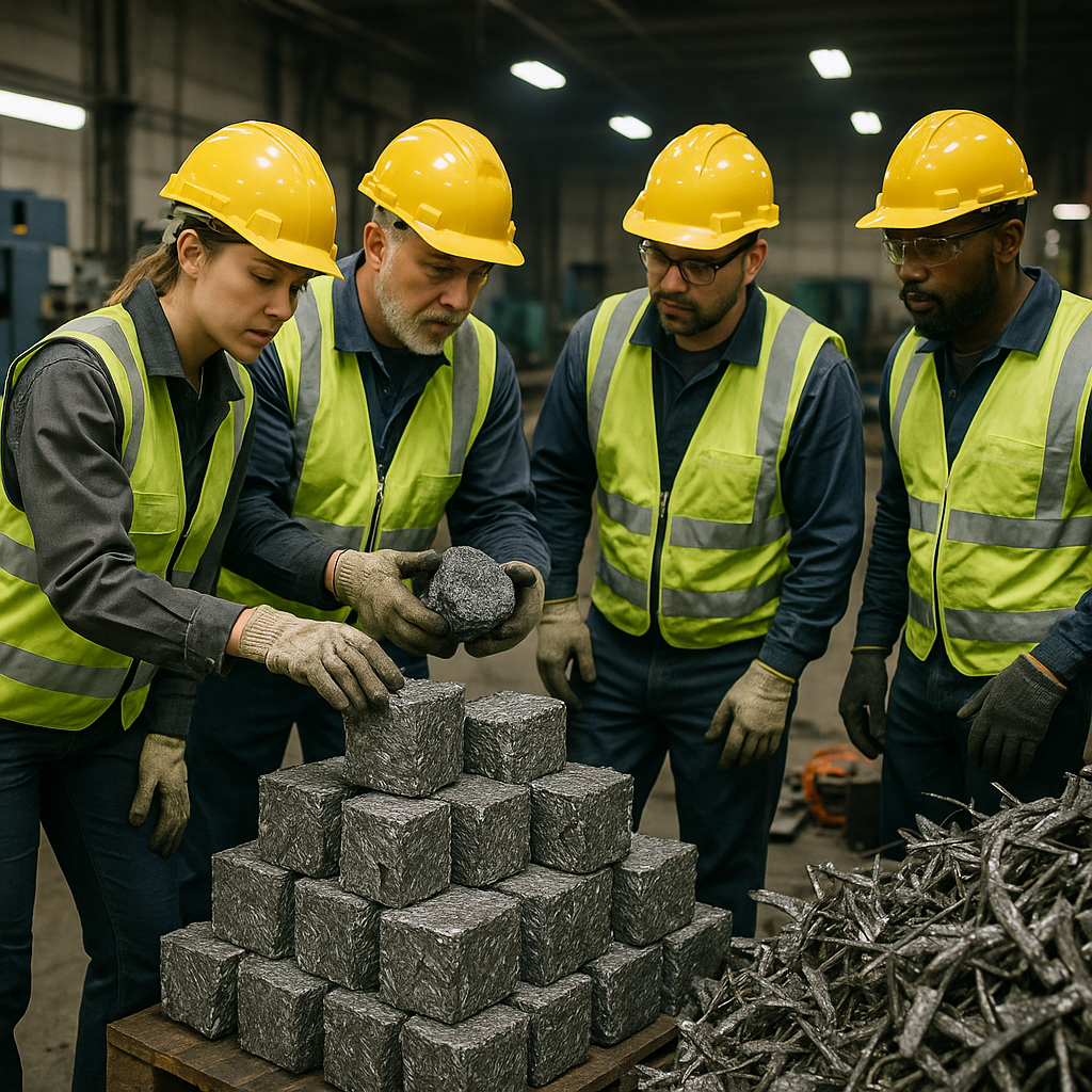 Compacted Metal Briquettes in Factory Piles of compacted metal briquettes stacked next to reduced metal scrap in a factory with workers inspecting the results under bright industrial lighting.