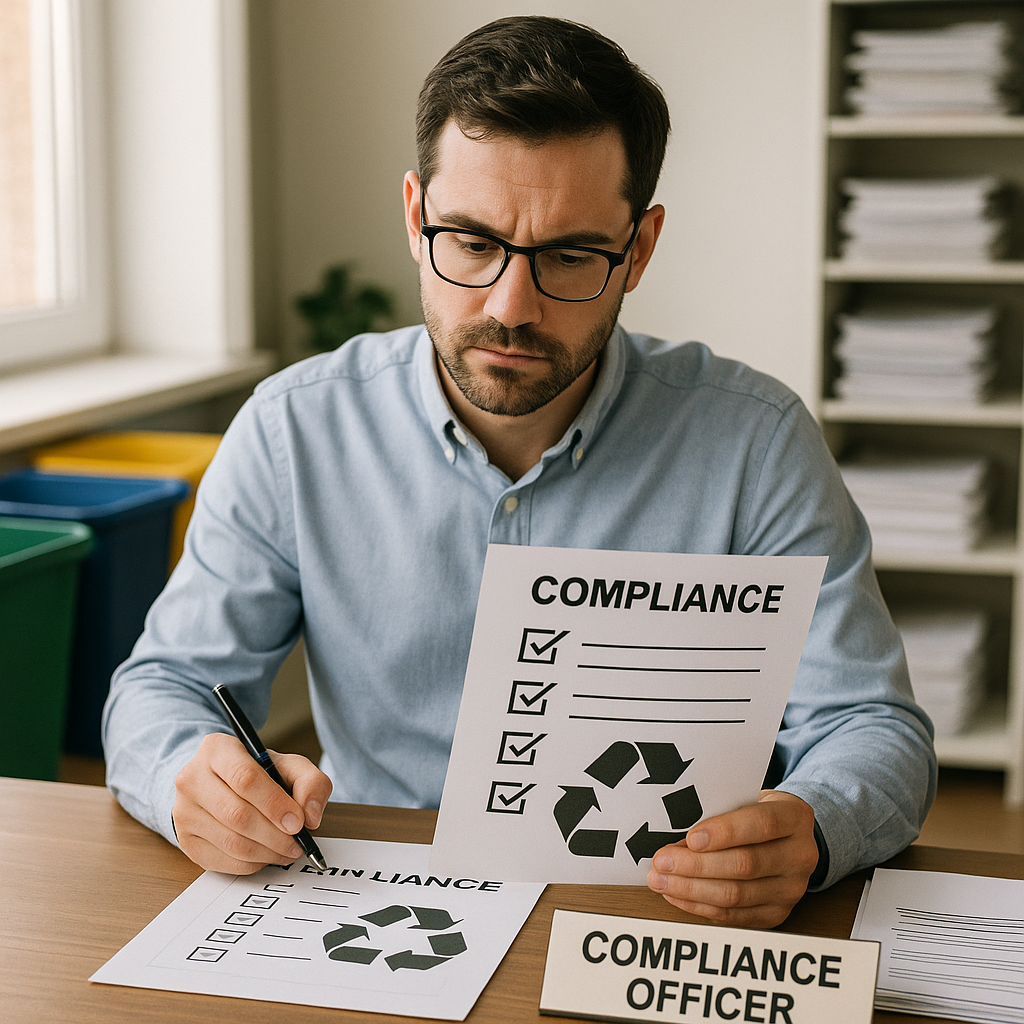 Compliance Officer Reviewing Documents Compliance officer reviewing documents with a checklist, recycling symbols on desk, and sorting bins visible.