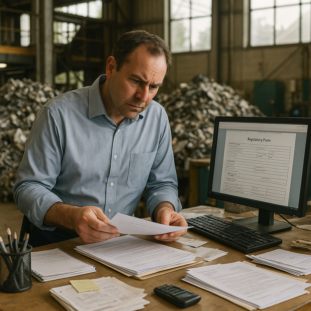 Manager Reviewing Paperwork in Recycling Plant Concerned manager reviewing paperwork in a cluttered workspace beside heaps of sorted scrap metal, with a computer screen displaying regulatory forms.