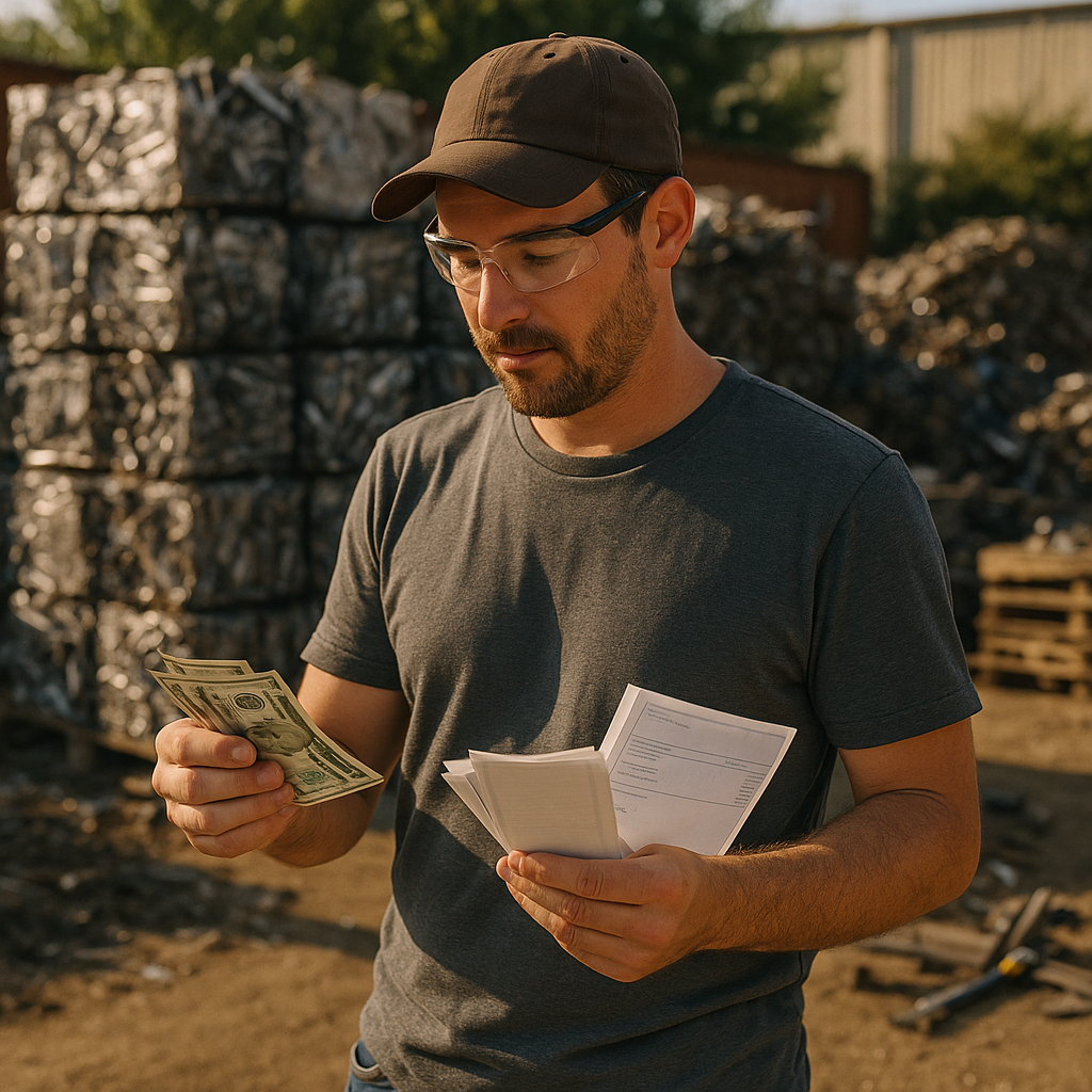 Contractor at Scrap Yard Contractor counting cash and reviewing invoices near organized stacks of recycled metal and other salvaged materials at a scrap yard