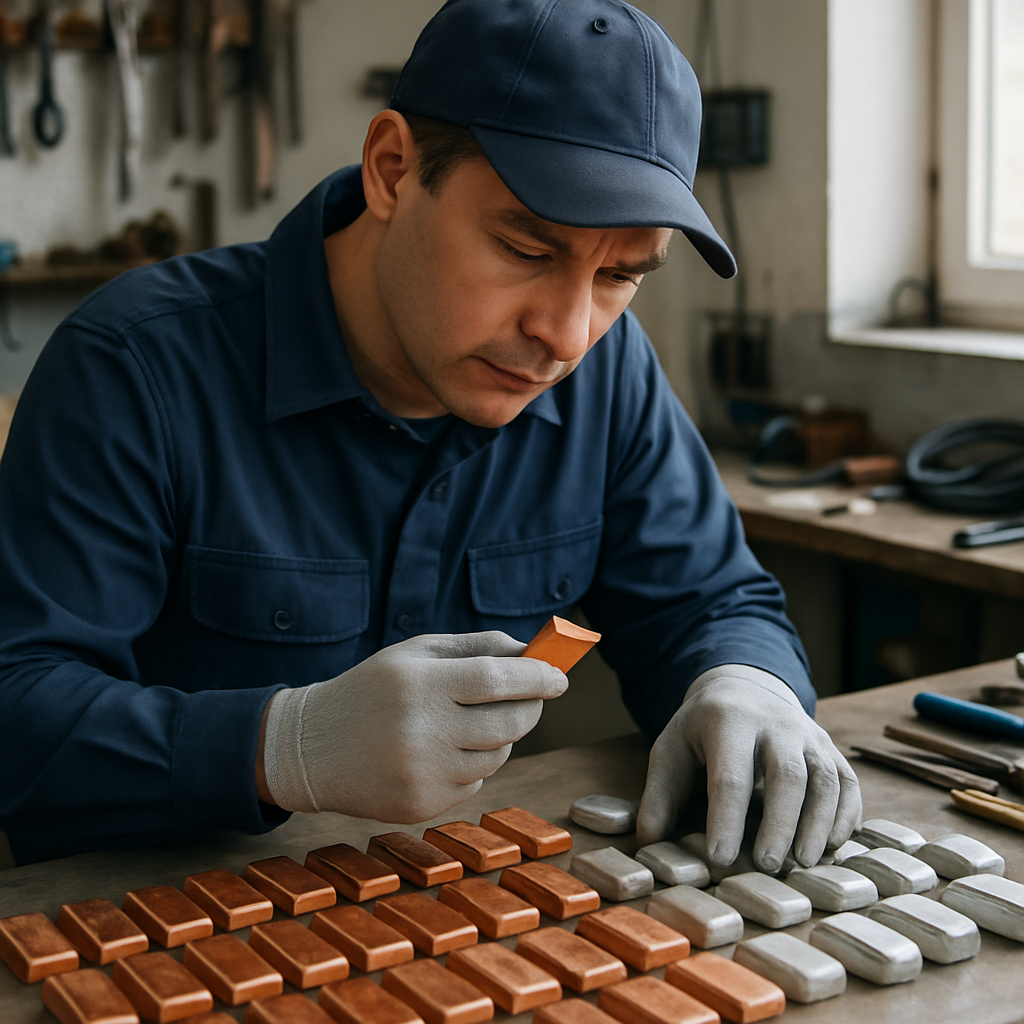 Worker inspecting shiny sorted copper and aluminum pieces on a sorting table, highlighting a clean workspace with a focus on quality and precision.