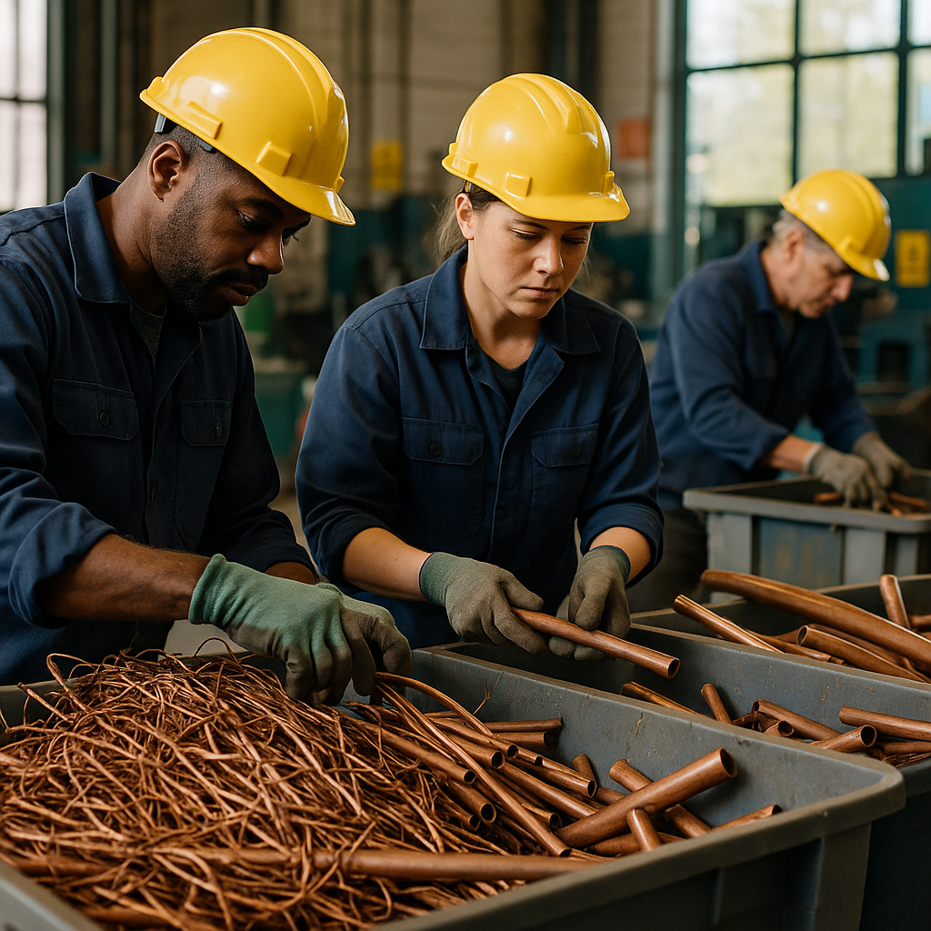 Workers at Copper Recycling Facility Workers sorting and cleaning copper wires and pipes in a recycling facility with daylight flooding through large windows.