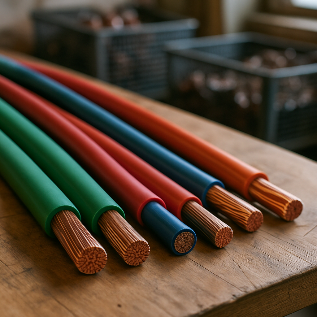 Thick Copper Wires in Workshop Close-up of thick, clean, and insulated copper wires neatly arranged on a workshop table with metal recycling bins in the background.