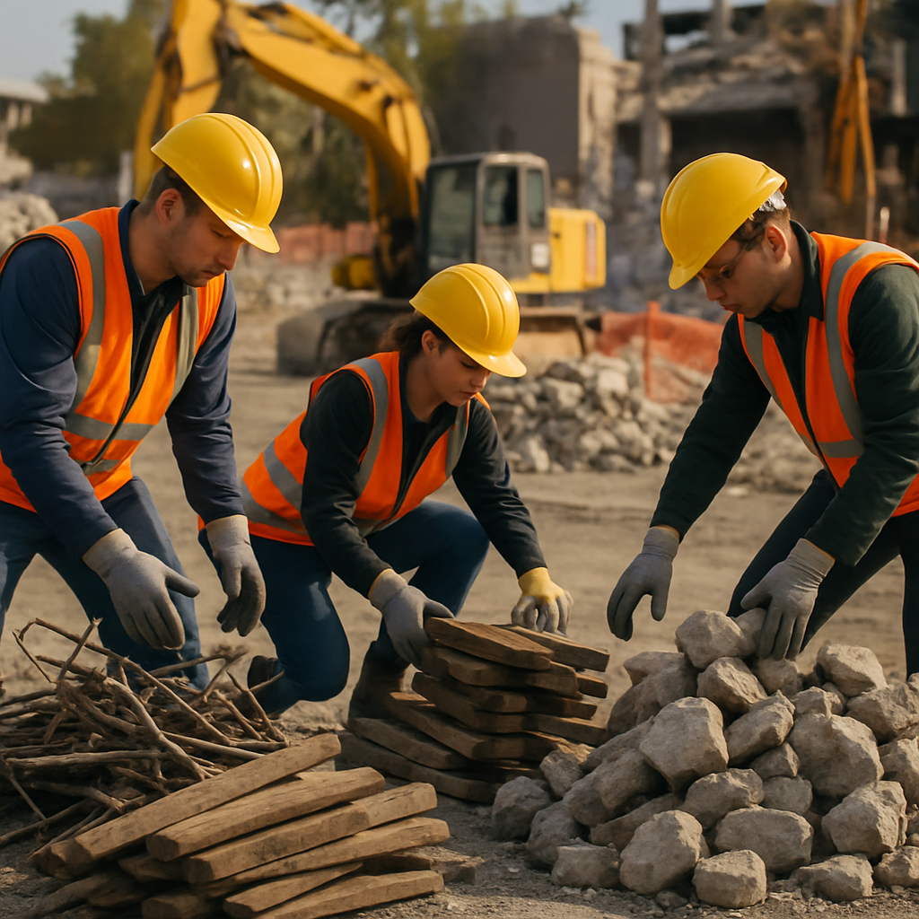 Workers Sorting Debris at Demolition Site Workers in safety gear sorting metal, wood, and concrete debris into separate piles at an active demolition site with construction machinery in the background.