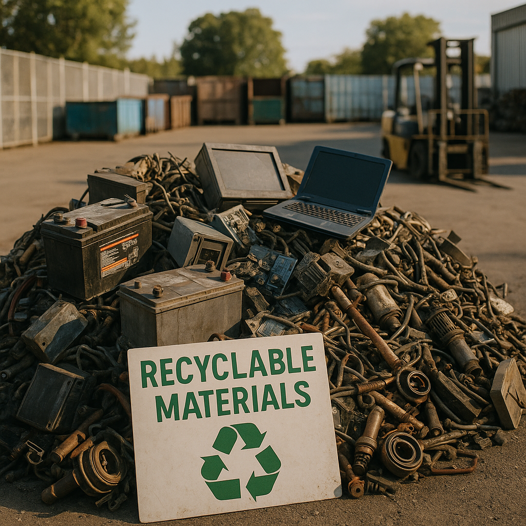 Recycling Yard with Discarded Batteries and Electronics A pile of discarded batteries, electronics, and industrial scrap metal in a recycling yard, clearly labeled for recyclable materials.