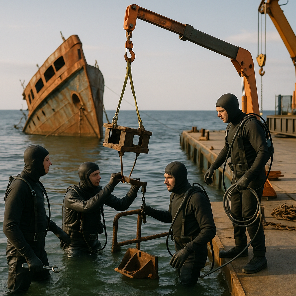 Salvage Operation at Sea Divers in wetsuits working on a partially sunken ship, using cranes to lift metal parts onto a salvage barge in the ocean.
