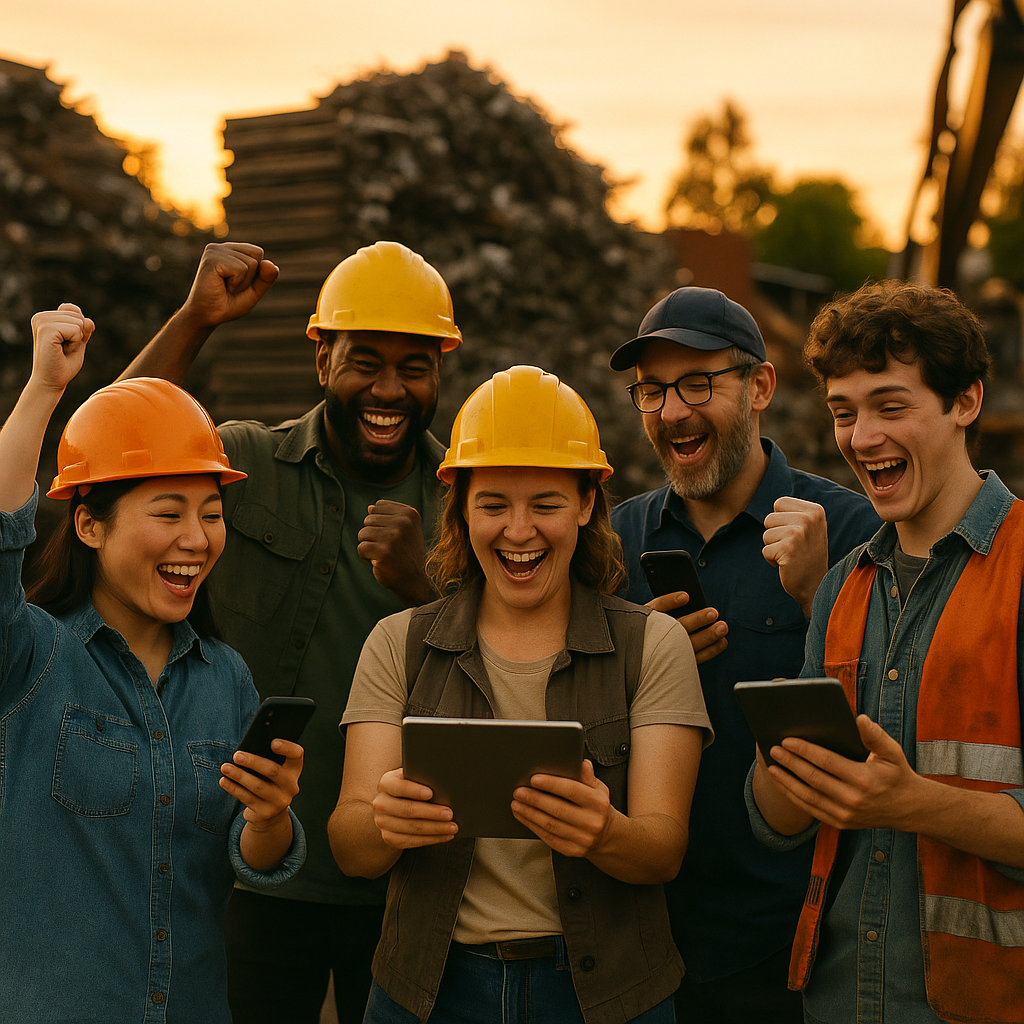 Celebrating Progress at the Scrap Yard Diverse team at a scrap yard using digital devices and celebrating together in front of organized piles of metal during sunset.