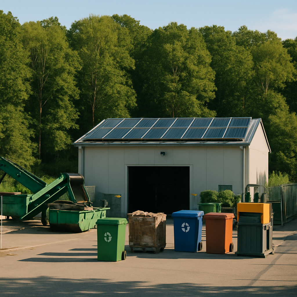 Eco-Friendly Recycling Facility Surrounded by Nature Lush green forest behind an eco-friendly recycling facility with reduced emissions.