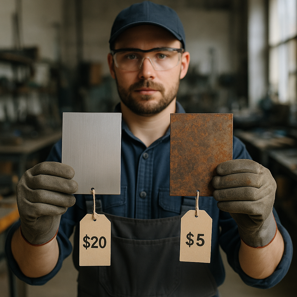Comparison of Metal Samples with Price Tags Employee holding two metal samples, one clean and new, one rusted and dirty, next to price tags showing difference in value.