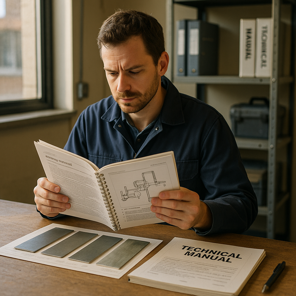 Engineer Comparing Technical Manuals Engineer comparing technical manuals for coating removal with sample panels on desk in a well-lit workspace