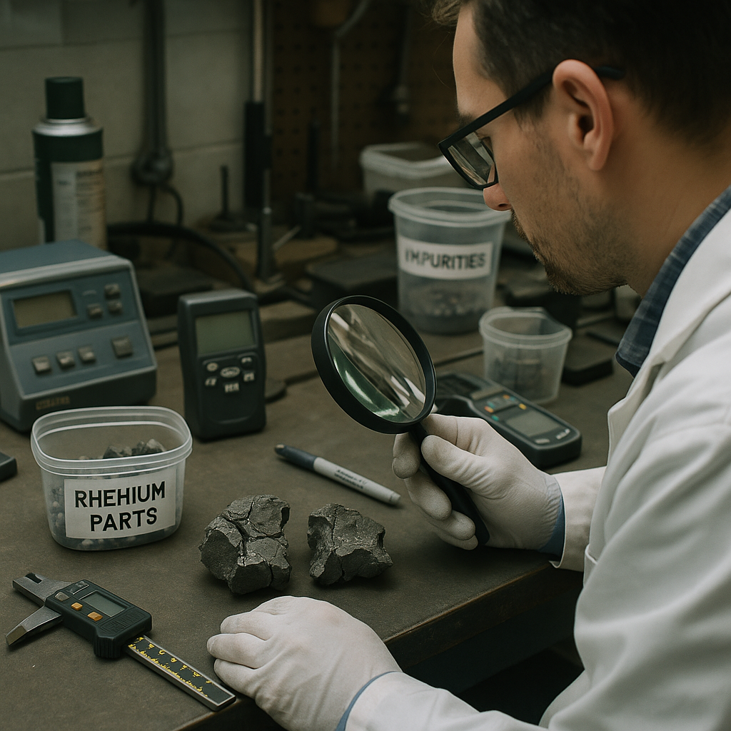 Inspection of Damaged Rhenium Parts Engineer examining damaged rhenium parts under a magnifying glass with sorting equipment visible on the workbench.