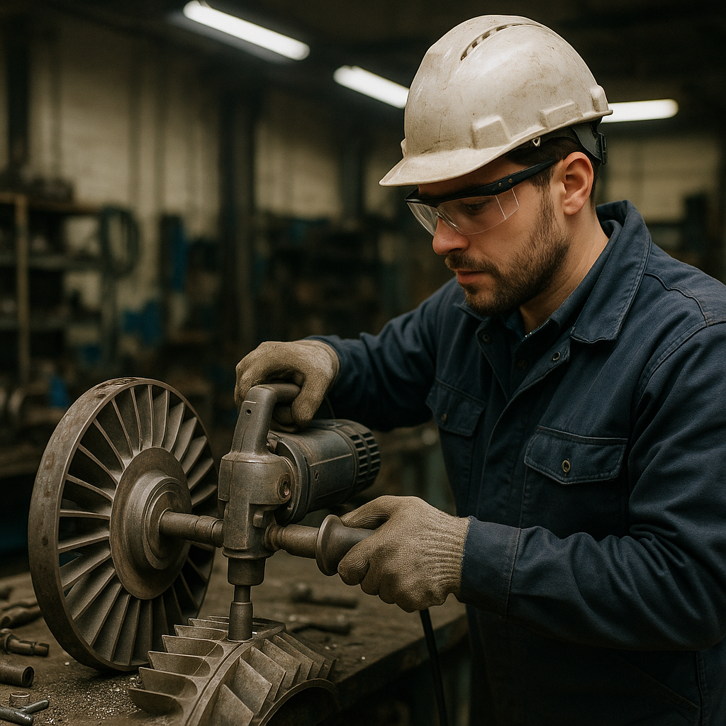 Engineer Operating Heavy Machinery in Metal Workshop Engineer in safety gear operating heavy machinery to extract metal samples from used industrial turbine blades.