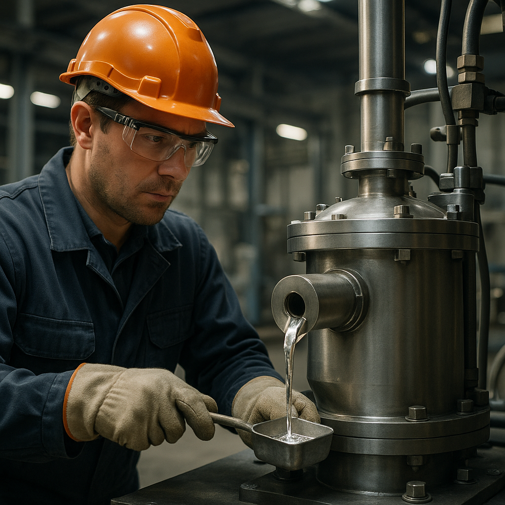 Engineer Extracting Purified Molten Metal Engineer wearing safety gear extracting purified molten metal from a vacuum distillation chamber in a modern factory.