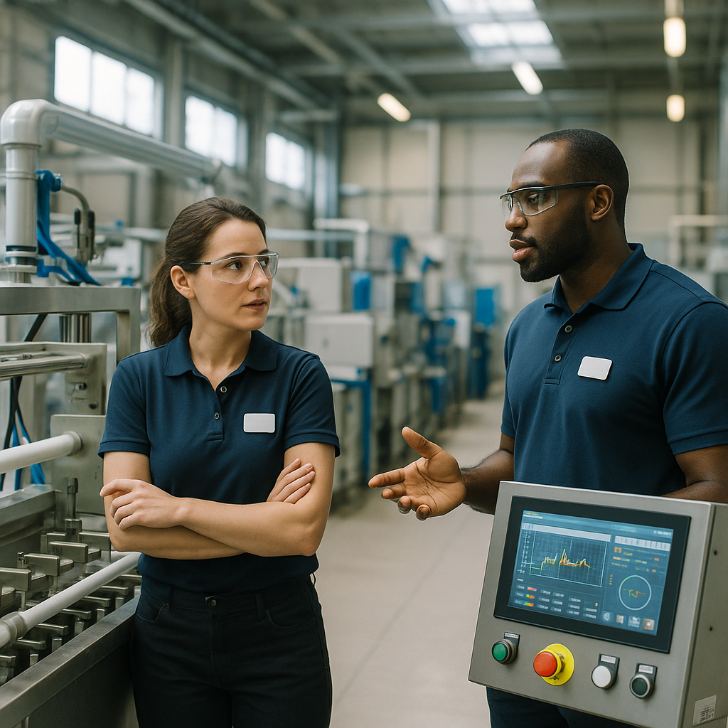 Engineers discussing advanced plating machinery in a bright modern factory with futuristic control panels.