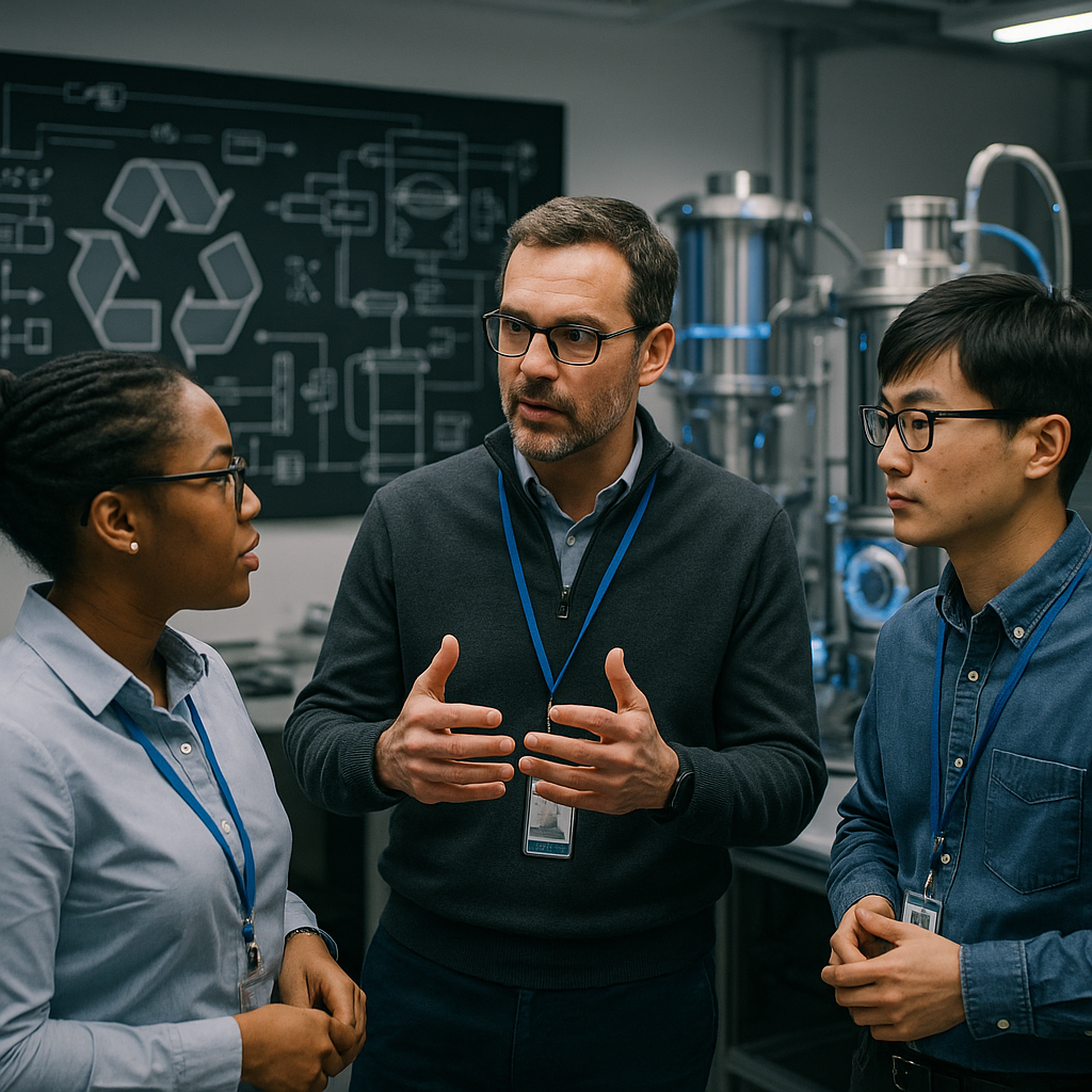 Engineers Discussing Advanced Recycling Technology Engineers discussing advanced recycling technology in a high-tech lab, with diagrams and futuristic equipment visible.