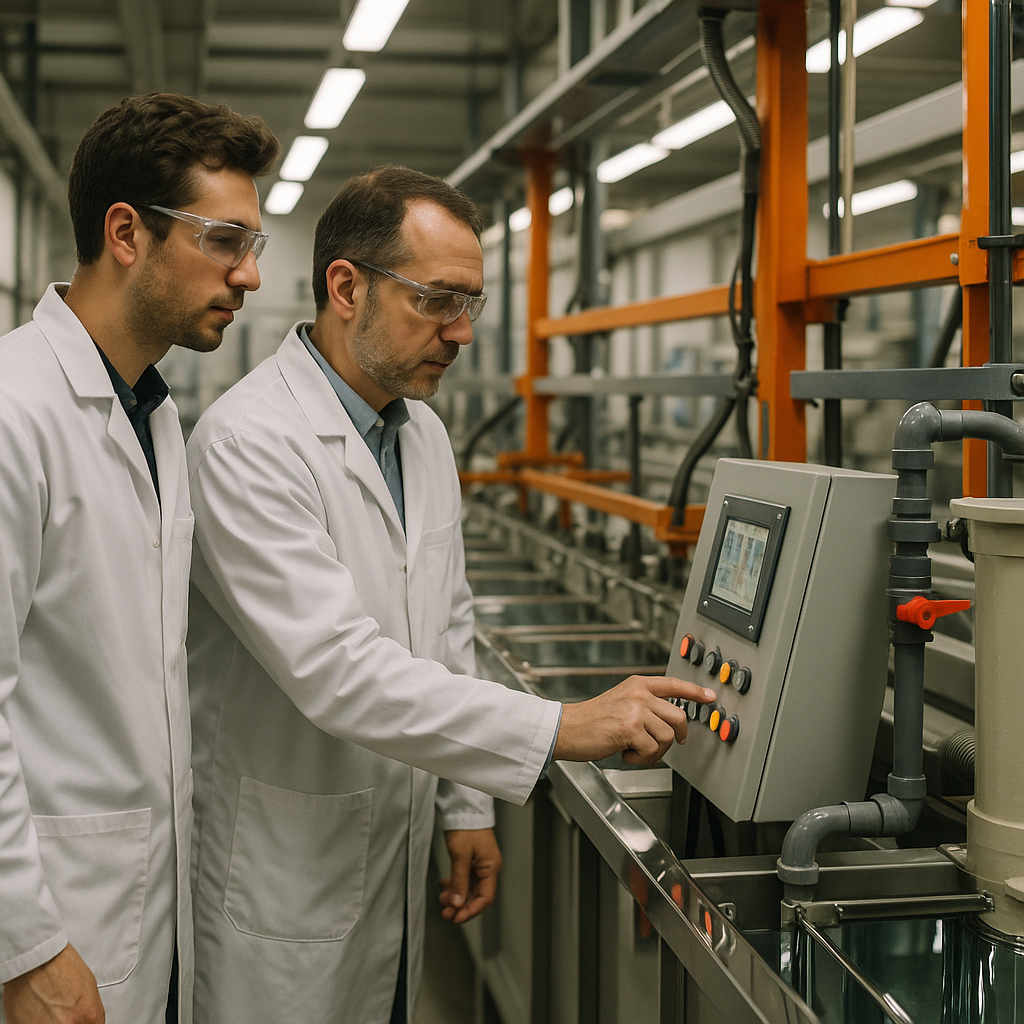 Engineers overseeing an automated plating line with control panels, chrome tanks, and a filtration system in a clean factory setting.