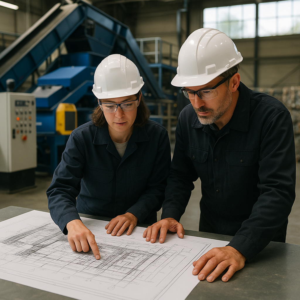 Blueprint Review in Recycling Facility Engineers reviewing advanced blueprints and new machinery upgrades in a modern recycling facility.