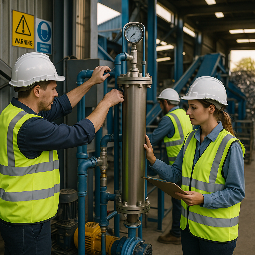 Engineers Installing Filtration System in Metal Recycling Plant Engineers installing and inspecting an advanced filtration system in a metal recycling plant with clear safety signage.