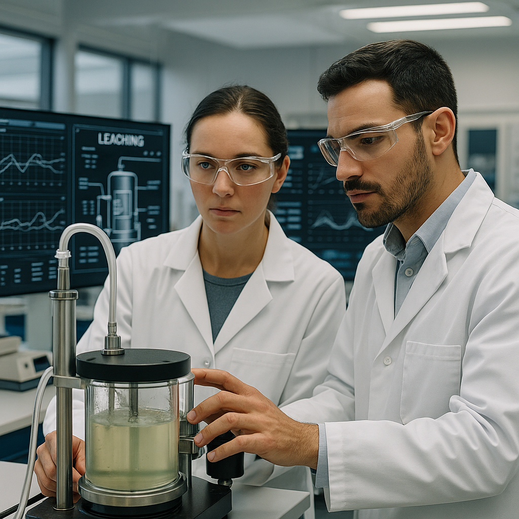 Engineers examining advanced leaching equipment in a modern facility with digital screens displaying data.