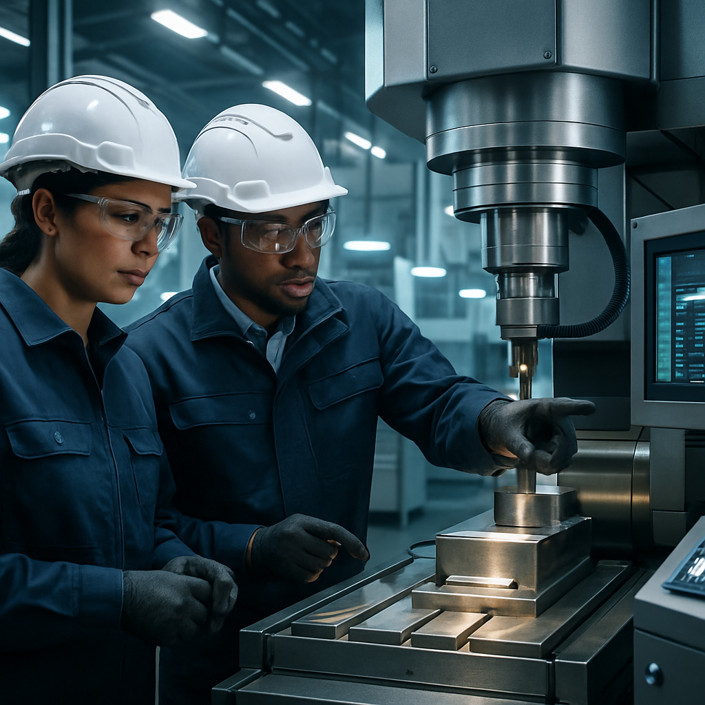 Engineers Examining Advanced Metal Processing Equipment Engineers in protective gear examining advanced high-tech metal processing equipment in a futuristic factory environment