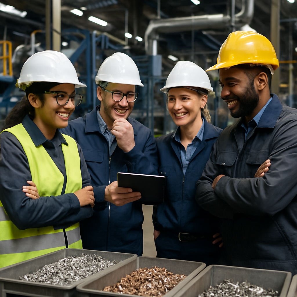 Team of engineers smiling and discussing successful metal separation results in front of sorted metal bins at a high-tech recycling plant.