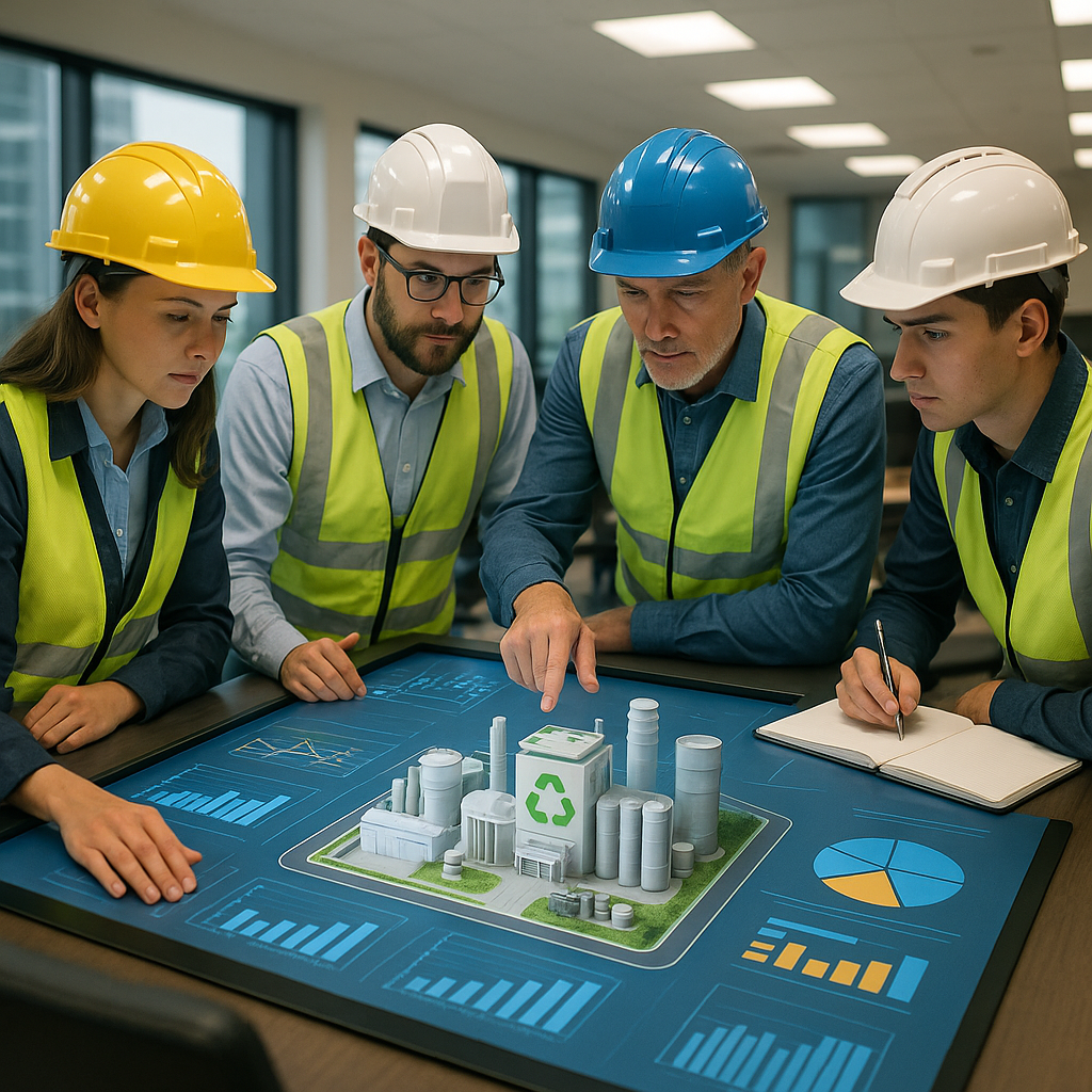 Engineers at Work on Futuristic Recycling Models Engineers studying graphs and futuristic recycling plant models on a touchscreen table in a bright and optimistic atmosphere.