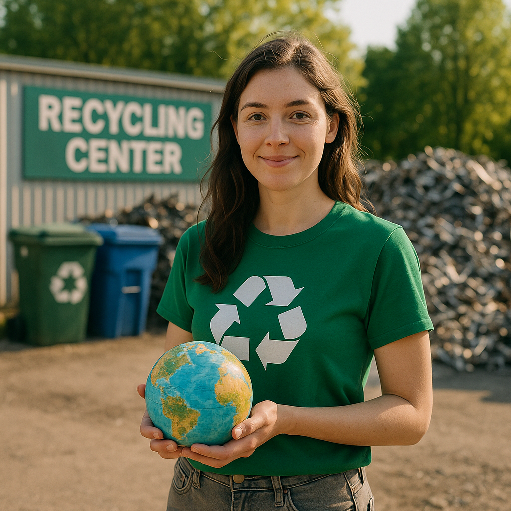 Activist Promoting Recycling Environmental activist holding a globe beside a metal recycling center with green trees and a clear sky in the background.