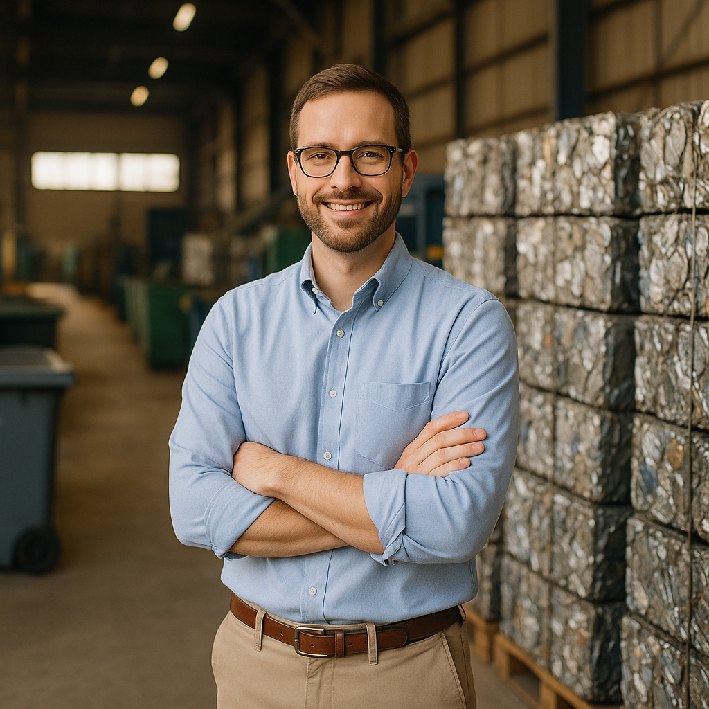 Expert standing in a tidy recycling plant with hands folded, smiling at the camera, metal bales organized in the background.
