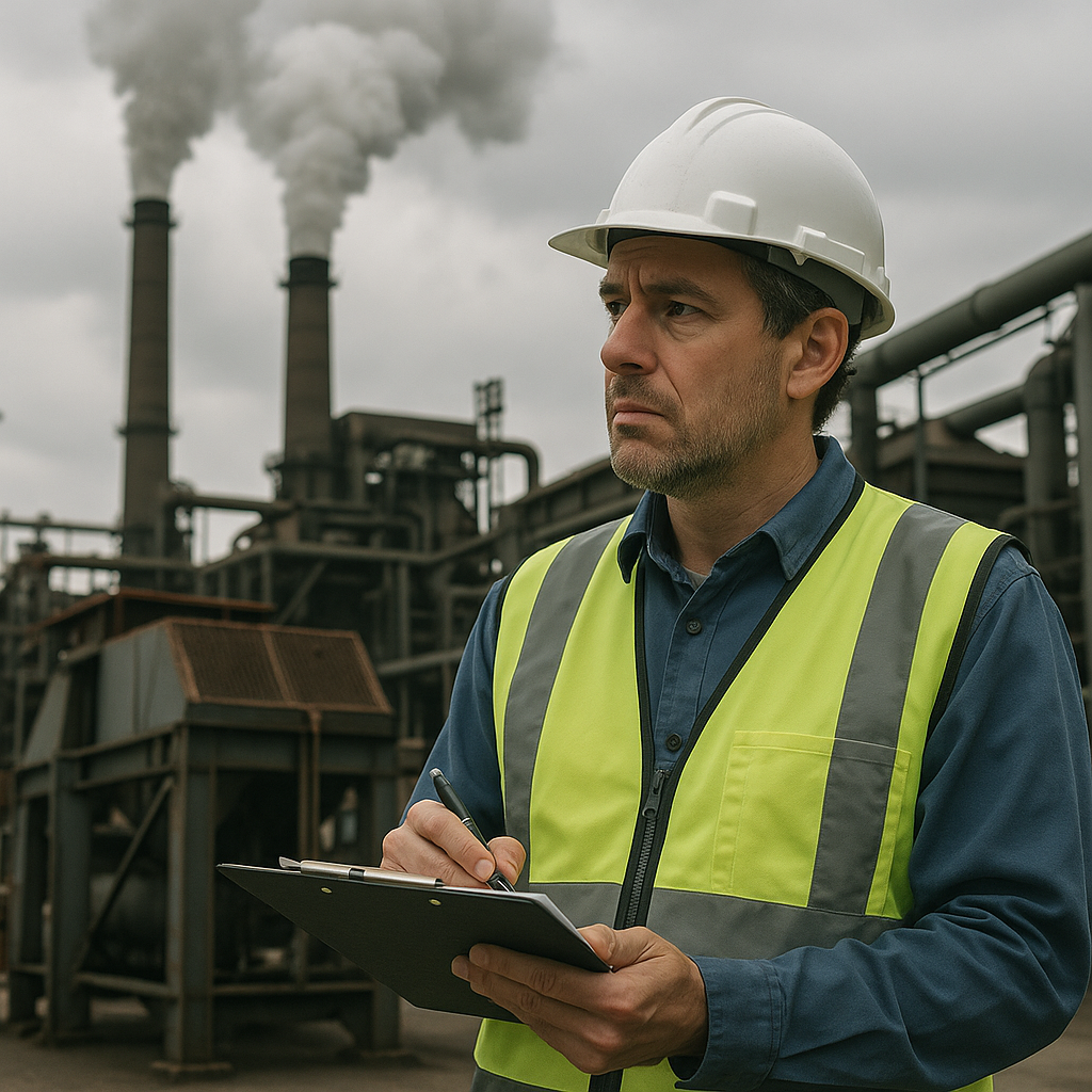 Environmental Inspection at Factory Site Factory smokestacks releasing emissions with a concerned environmental inspector holding a clipboard on site under an overcast sky.