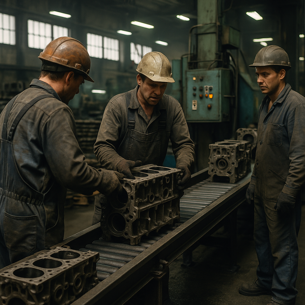 Industrial Metal Processing by Factory Workers Factory workers operating machinery with old engine blocks on a conveyor belt for metal processing in an industrial interior.