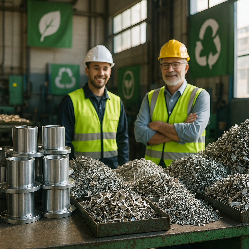 Sustainable Factory Scene with Engineers A factory scene featuring fresh metal products alongside piles of sorted recycled metal, with green energy symbols and satisfied engineers observing, illuminated by sunlight streaming through the windows.