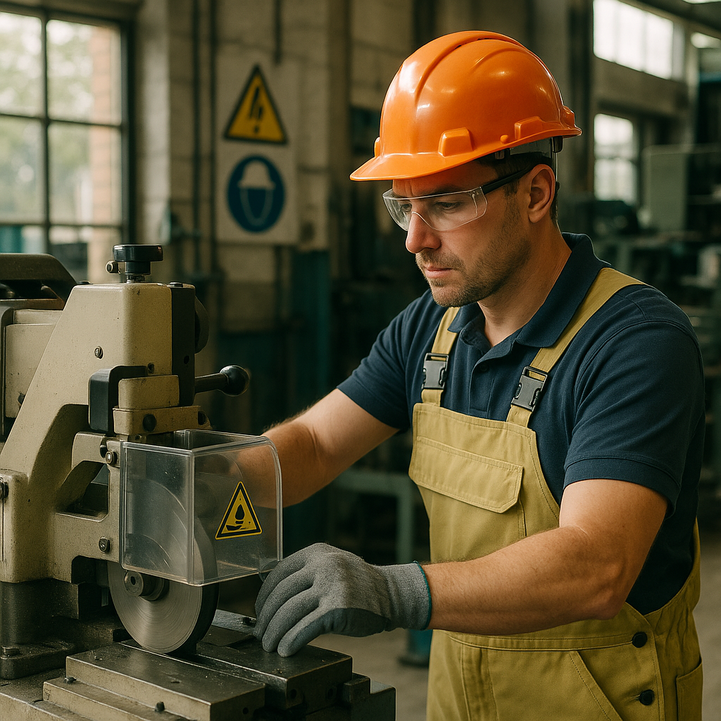 Factory Worker Using Safety Guards on Machine Factory worker demonstrating proper use of a machine with safety guards in place, warning signs in background, well-lit industrial workspace