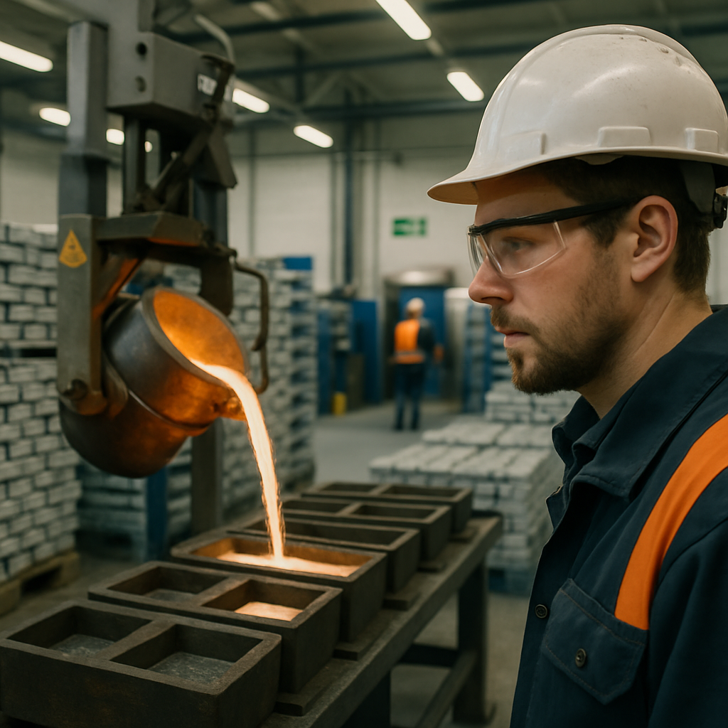 Factory worker observing newly recycled metal being poured, with stacks of recycled metal and a clean environment in view.