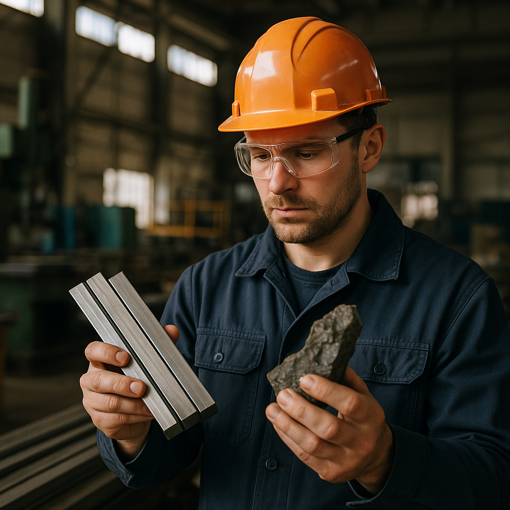 Inspection of Recycled Metal in Factory Factory worker inspecting recycled metal with finished bars and imperfect scrap nearby.