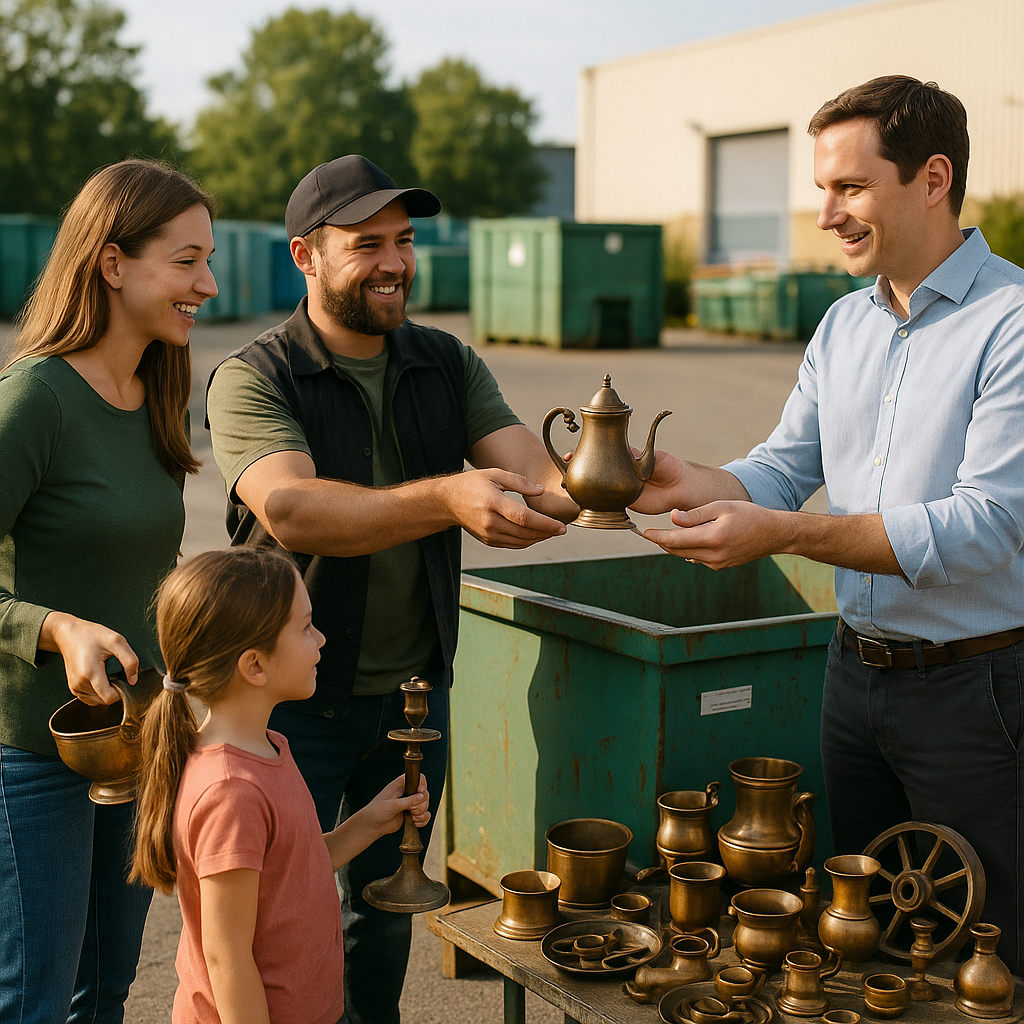 A family and business owner deliver old bronze items to a local recycling center, with staff accepting materials at large outdoor bins.