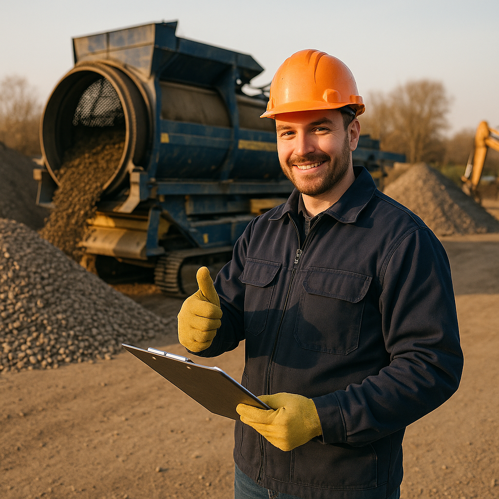 Worker Evaluating Results Next to Trommel Screen Worker giving thumbs up next to clean material piles by a trommel screen