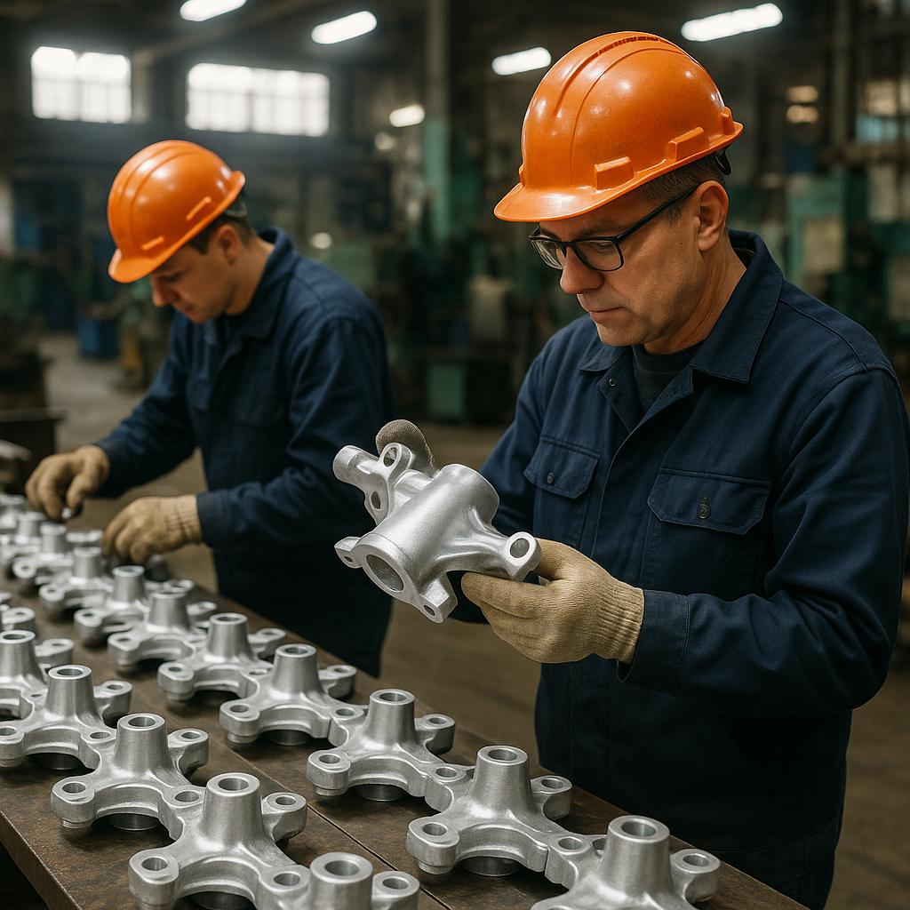 Rows of freshly cast metal parts on workbenches in a foundry with workers inspecting them.