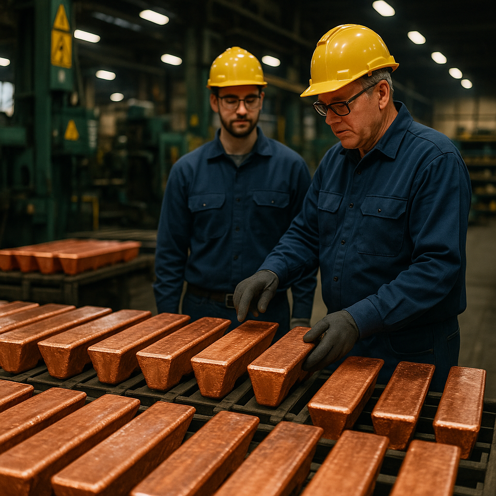 Inspection of Cooling Copper Ingots in Factory Freshly cast copper bars cooling on metal racks with workers inspecting shiny copper ingots in an industrial factory setting.