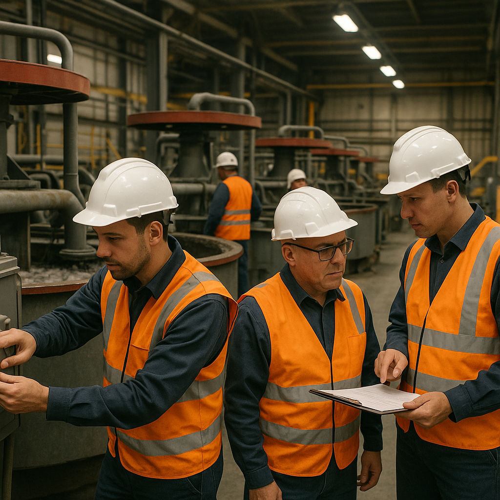 Technicians adjusting settings on a froth flotation machine while monitoring foam levels.