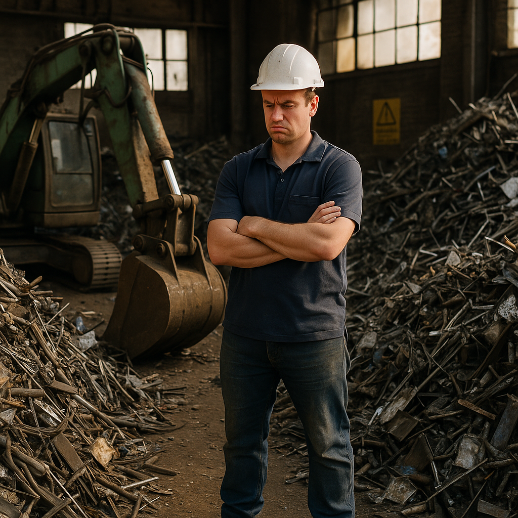 Frustrated worker overseeing halted machinery with overflowing piles of mixed scrap metal in a cluttered recycling facility.