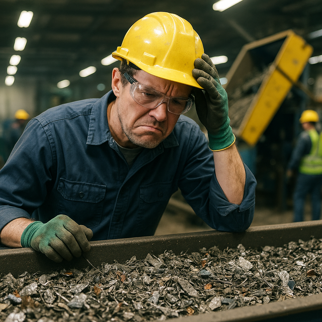 Worker Troubles in a Recycling Plant Frustrated worker examining mixed, contaminated metal scrap on a sorting conveyor in a busy recycling plant with malfunctioning machinery in the background.
