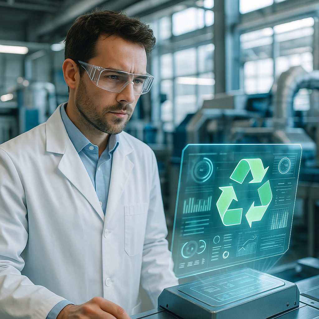 Scientist with Holographic Recycling Technology Scientist inspecting advanced recycling technology with a holographic display in a futuristic clean recycling factory